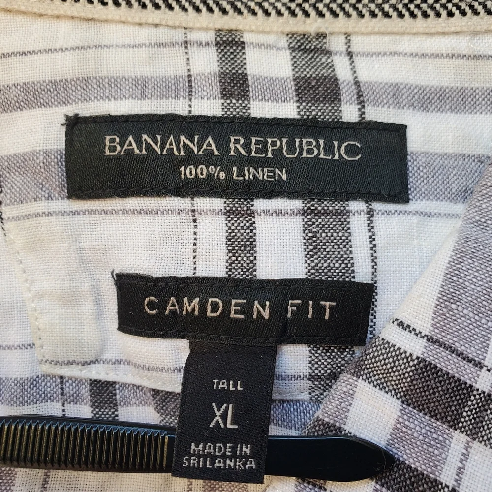 ♧ Banana Republic Camden Fit Linen Plaid Button Down Shirt Size XL White Black